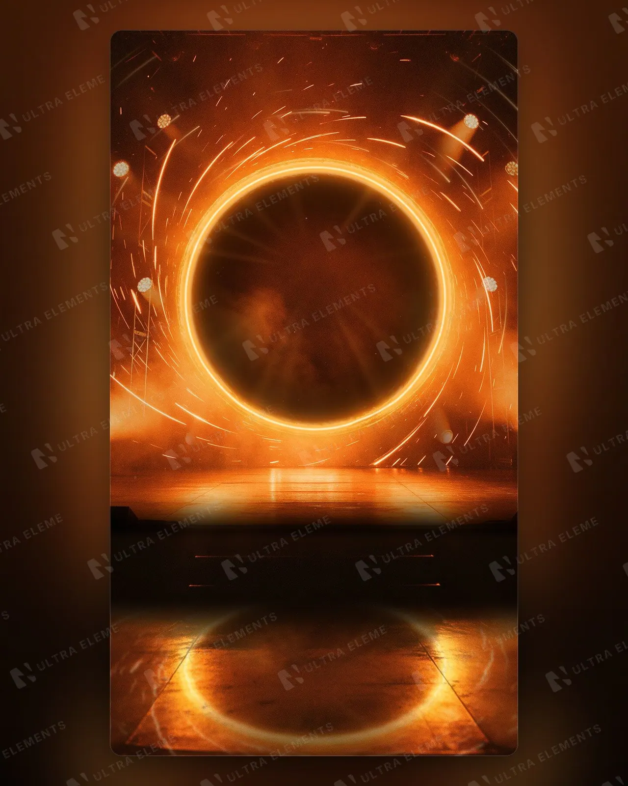 Cenário de palco com portal circular de LED laranja, rastros de luz e refletores (feed, story e A5) — imagem 1 de 3