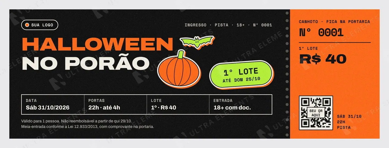 Ingresso Halloween no Porão 2000×700: festa 18+ numerado, com canhoto, lote e espaço para QR — imagem 1 de 2