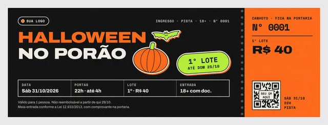 Ingresso Halloween no Porão 2000×700: festa 18+ numerado, com canhoto, lote e espaço para QR