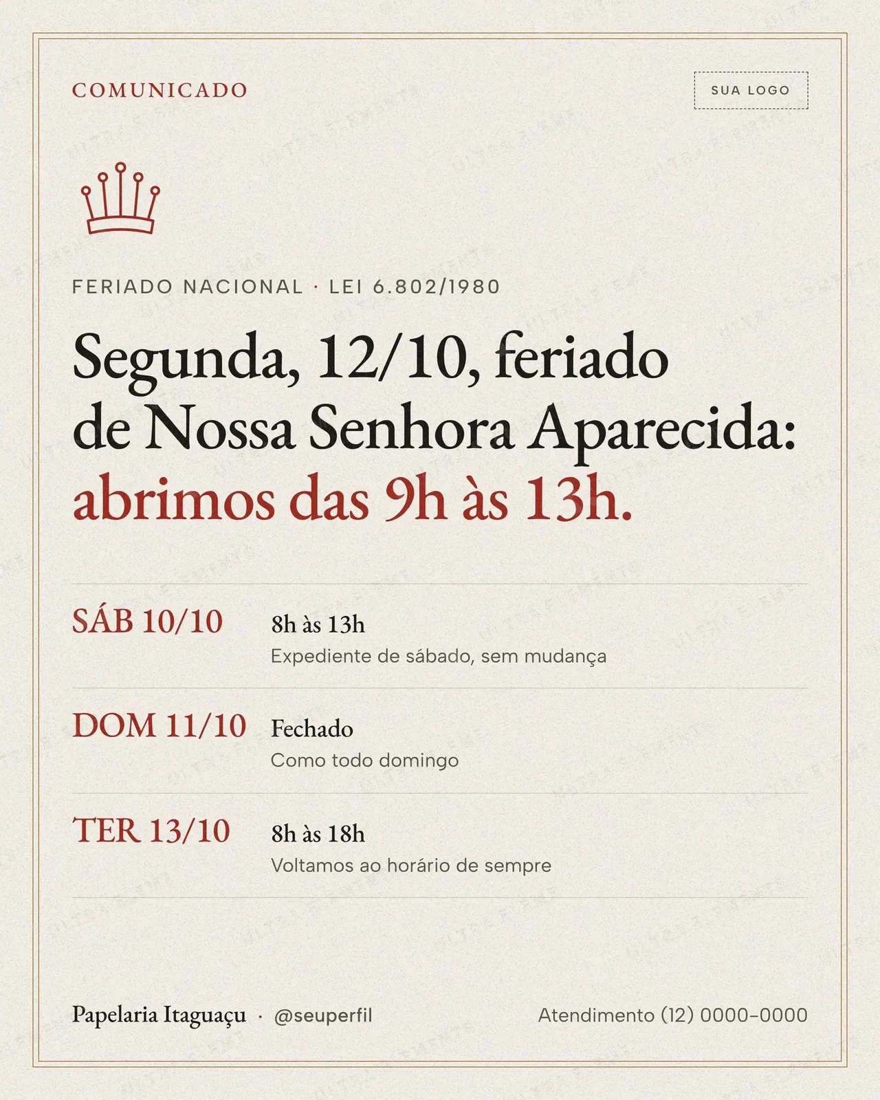 Post e story Comunicado de feriado 12/10 Nossa Senhora Aparecida: pergaminho e coroa — imagem 1 de 2