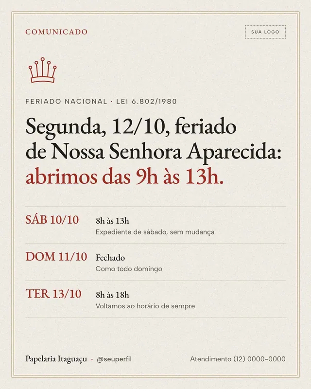 Post e story Comunicado de feriado 12/10 Nossa Senhora Aparecida: pergaminho e coroa