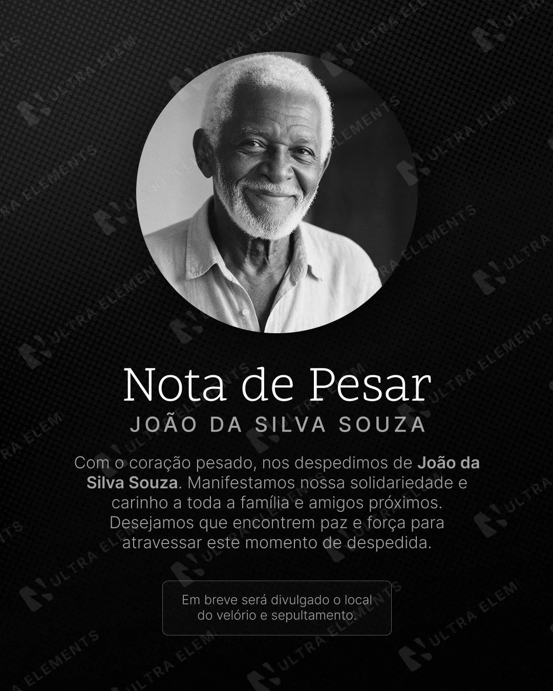 Post Nota de Pesar: foto redonda sem datas e fundo pontilhado (feed + story escuro) — imagem 1 de 2