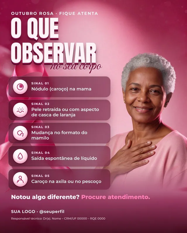 Story Outubro Rosa "Fique atenta aos sinais": capa com prancheta 3D e enquete, 5 sinais em cards de vidro e luvas de boxe