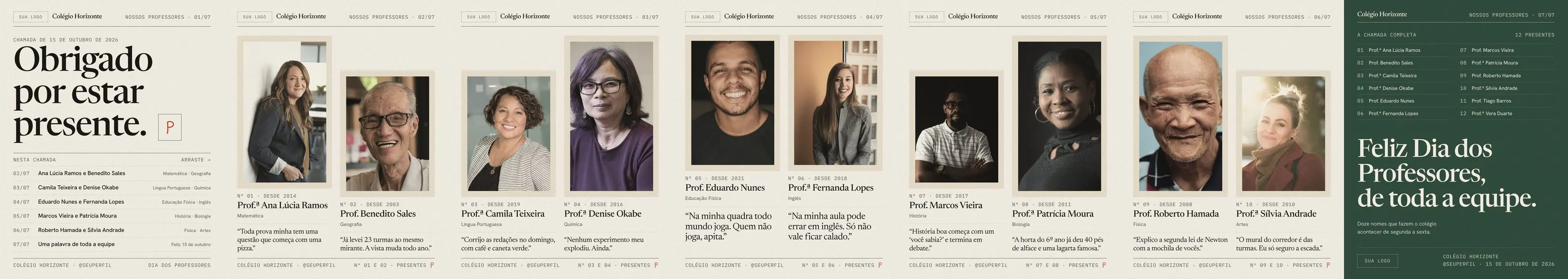 Carrossel Dia dos Professores: nossos professores com foto, disciplina e frase (7 slides)