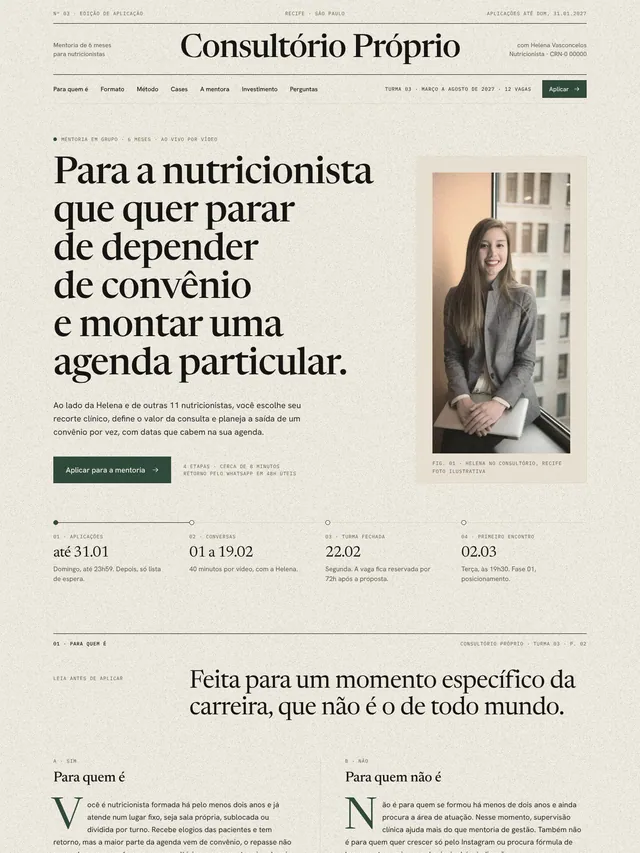 LP de mentoria high-ticket com aplicação em etapas para nutricionistas (estilo revista)