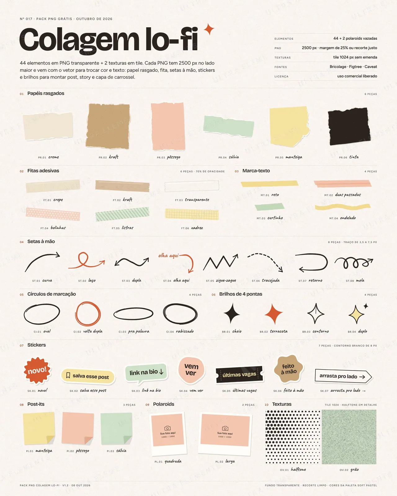 Pack PNG colagem lo-fi: papel rasgado, fita, setas à mão, stickers e brilhos (44 elementos + 2 texturas) — imagem 1 de 9