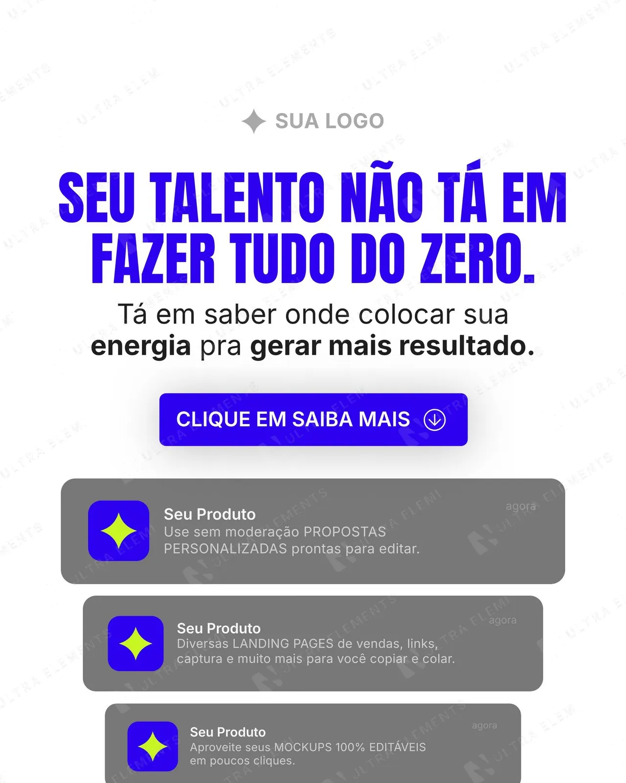 Anúncio de remarketing para infoproduto “Seu talento não tá em fazer tudo do zero” com notificações (feed + story) — imagem 1 de 2