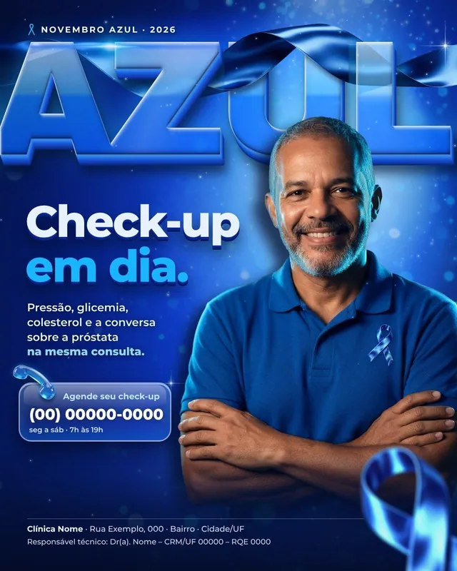 Post Novembro Azul 3D para clínica e laboratório: "Check-up em dia" com AZUL de vidro, fita de cetim entrelaçada e retrato