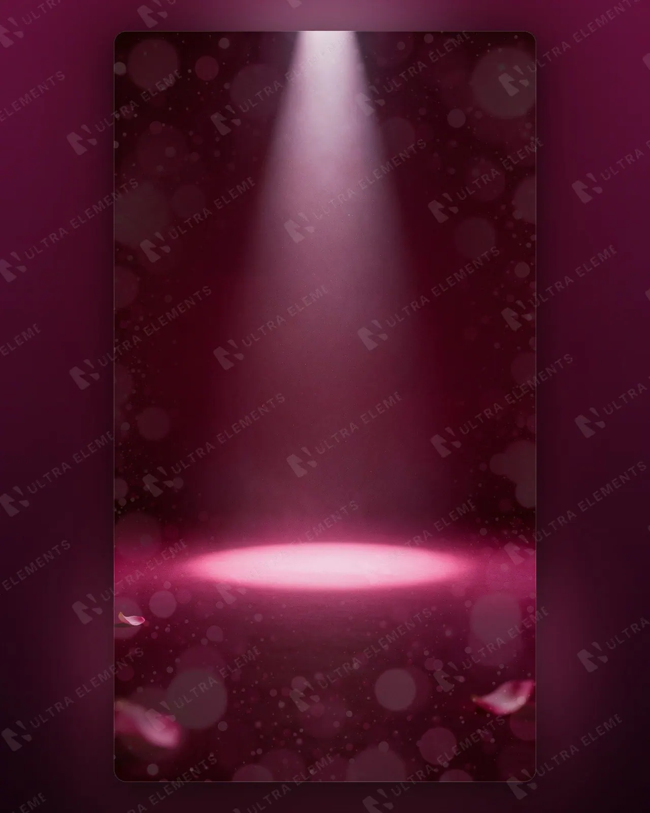 Fundo de palco vinho com feixe de spot, névoa e pétalas (story e feed) — imagem 1 de 3