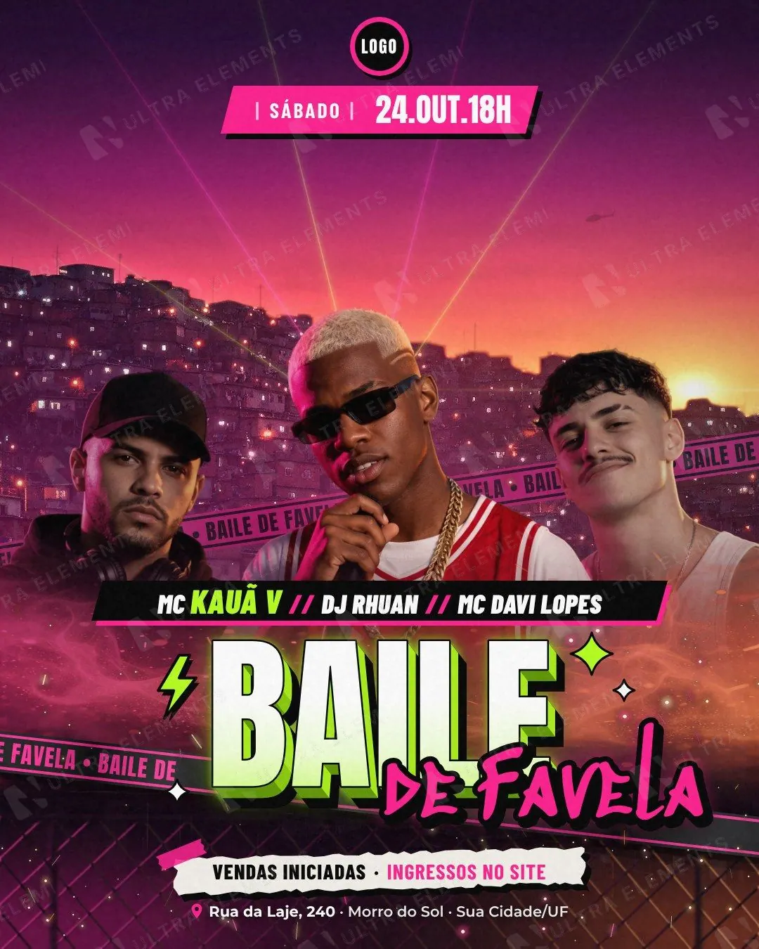 Baile de Favela: trio MC/DJ/MC na laje ao pôr do sol com fitas de isolamento magenta (feed + story) — imagem 1 de 3