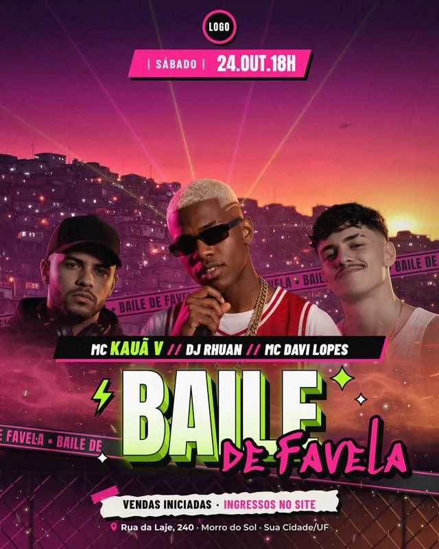 Baile de Favela: trio MC/DJ/MC na laje ao pôr do sol com fitas de isolamento magenta (feed + story)