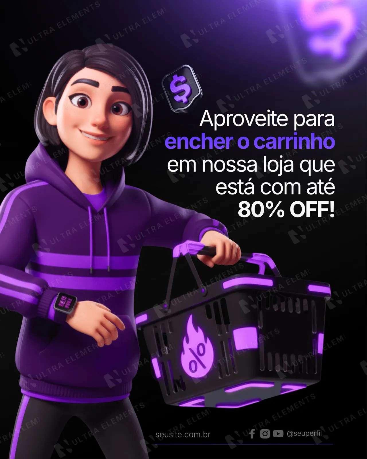 Post Black Friday roxo: mascote 3D com cesta e 80% OFF (feed)