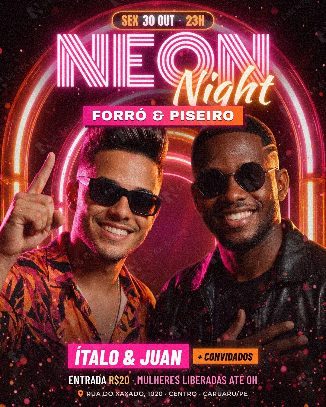 Noite do Forró e Piseiro em neon: dupla de óculos com arcos de neon magenta e laranja (feed + story) — imagem 1 de 3