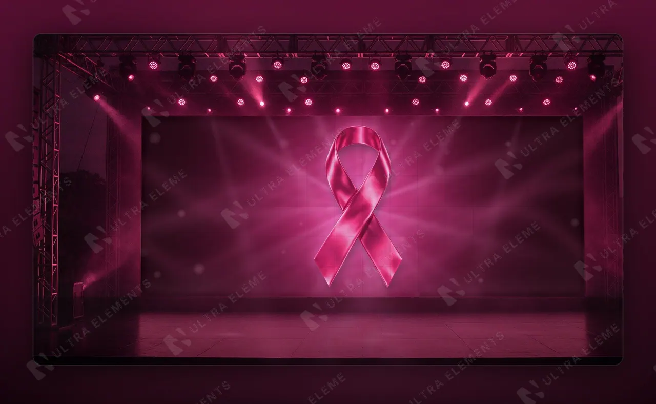 Cenário de palco rosa com telão de LED e laço Outubro Rosa (16:9, 9:16 e banner) — imagem 1 de 3