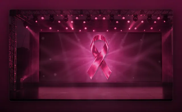Cenário de palco rosa com telão de LED e laço Outubro Rosa (16:9, 9:16 e banner)