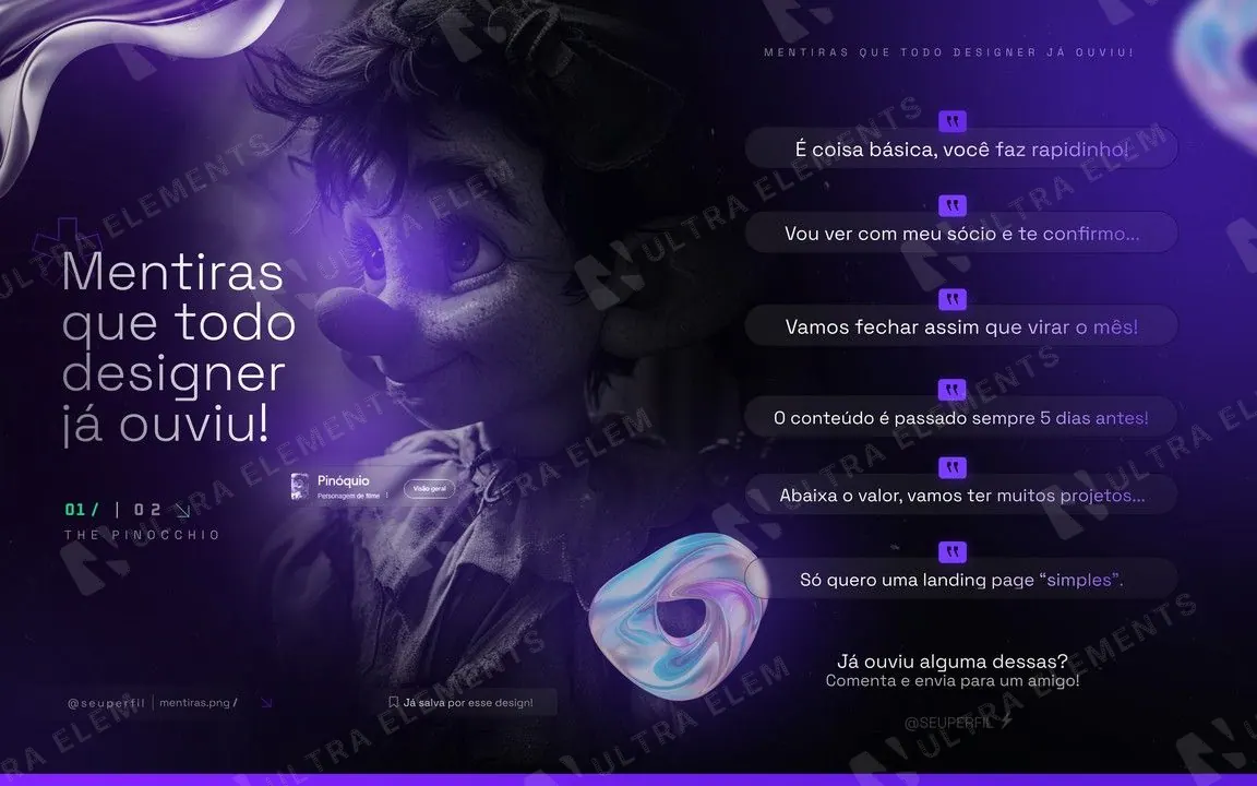 Carrossel “Mentiras que todo designer já ouviu”: Pinóquio e frases de cliente em roxo neon (2 slides) — imagem 1 de 3