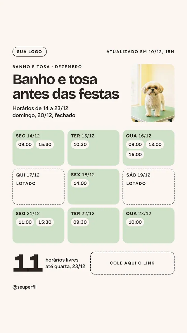 Story banho e tosa antes das festas: grade de horários livres de 14 a 23/12