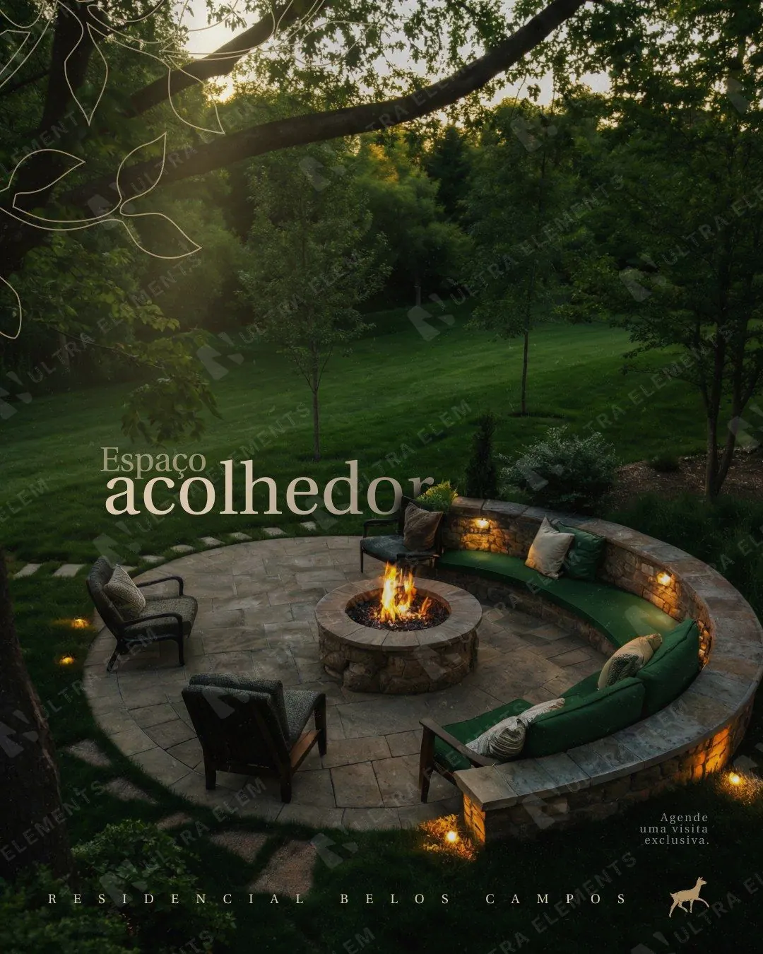 Post imobiliária de alto padrão: Espaço acolhedor com fire pit no jardim (feed)