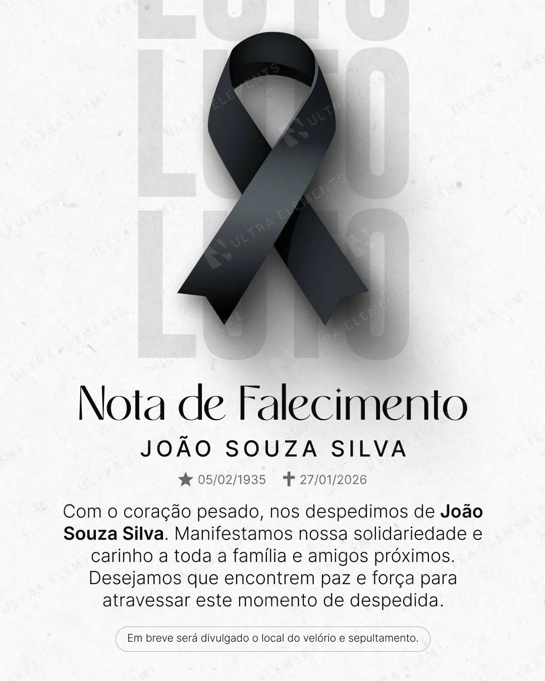 Post Nota de Falecimento: laço preto sobre "LUTO" em fundo claro (feed + story) — imagem 1 de 2