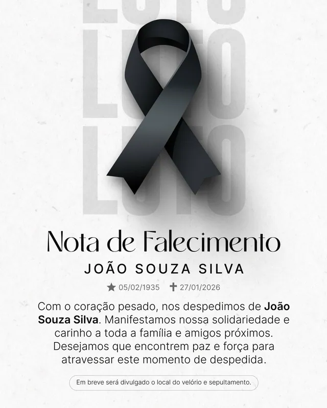 Post Nota de Falecimento: laço preto sobre "LUTO" em fundo claro (feed + story)