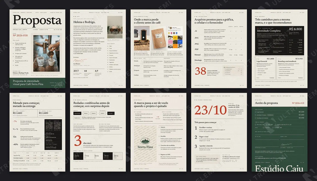 Proposta de identidade visual e branding: 12 páginas A4 + 16:9 com etapas, 3 opções, 12x e cessão de direitos — imagem 1 de 12