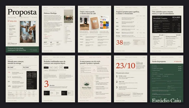 Proposta de identidade visual e branding: 12 páginas A4 + 16:9 com etapas, 3 opções, 12x e cessão de direitos