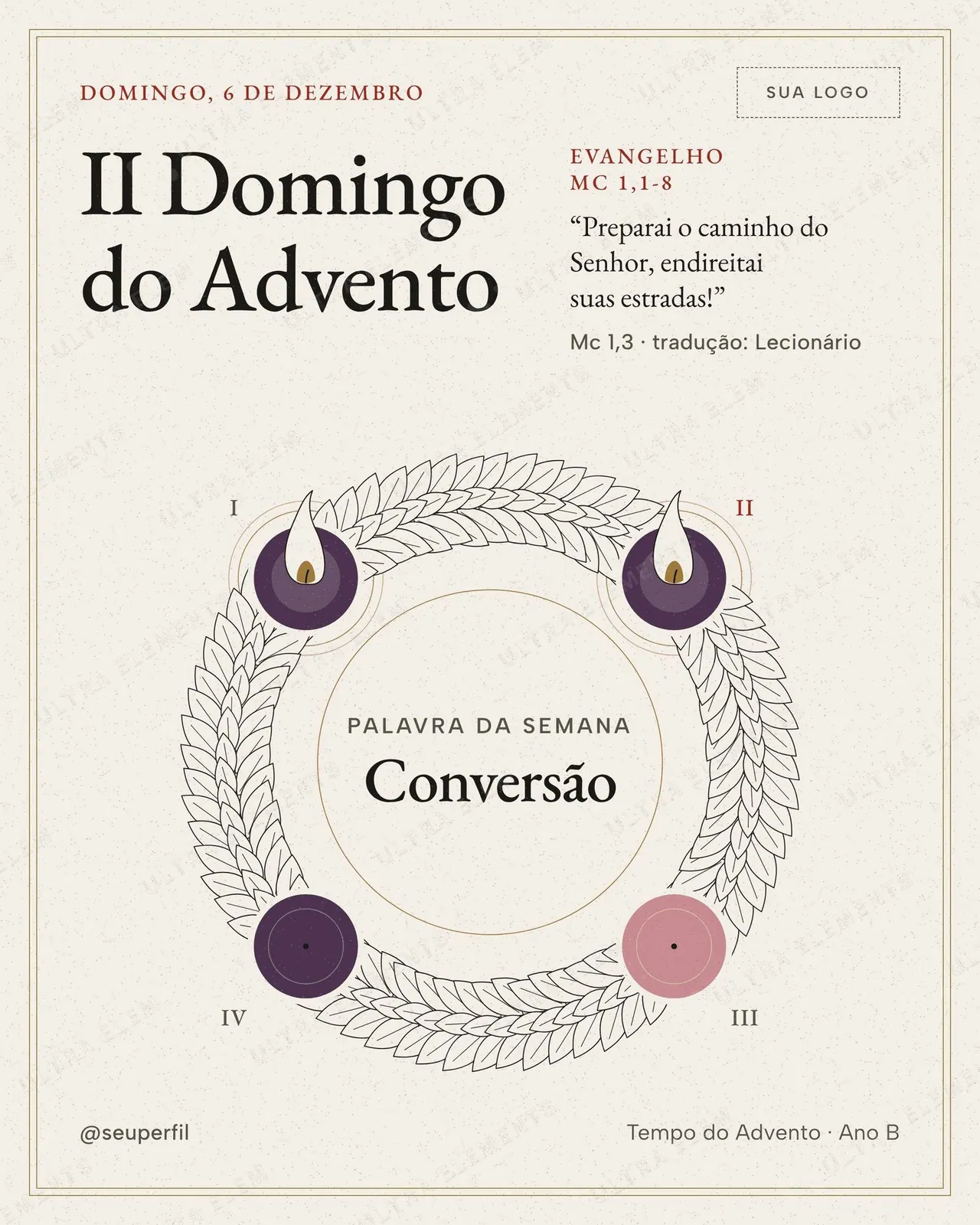 Post e story II Domingo do Advento 6/12 (católica): Conversão, coroa com 2 velas roxas acesas — imagem 1 de 3
