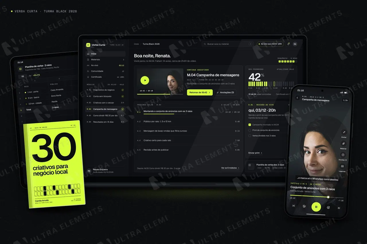 Mockup de curso online: notebook, celular, tablet e ebook em cena escura — imagem 1 de 3