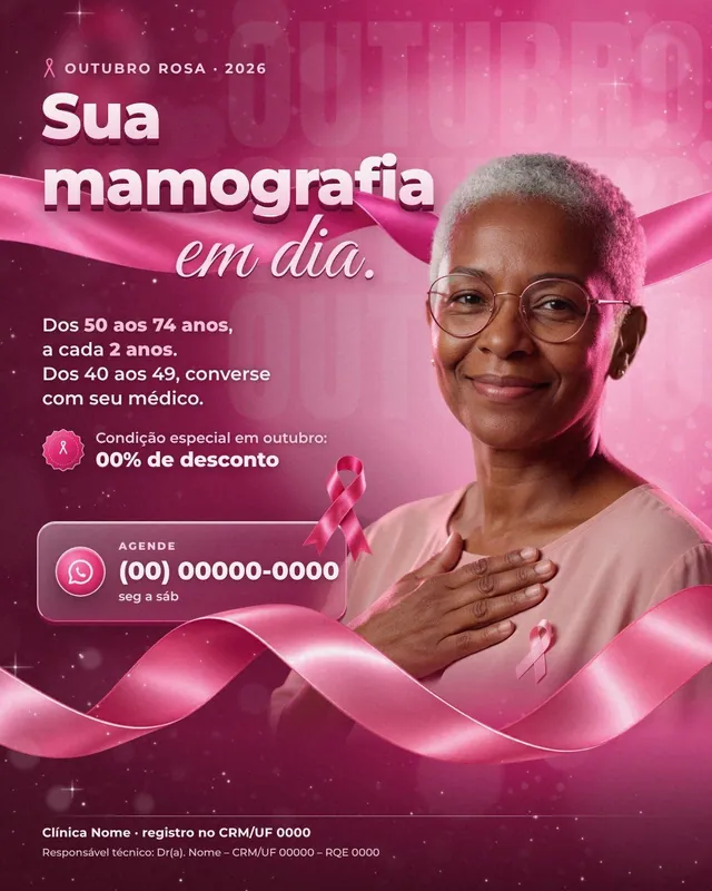Post Outubro Rosa para clínica e laboratório: "Sua mamografia em dia" com retrato, laço de cetim no título e card de agendamento