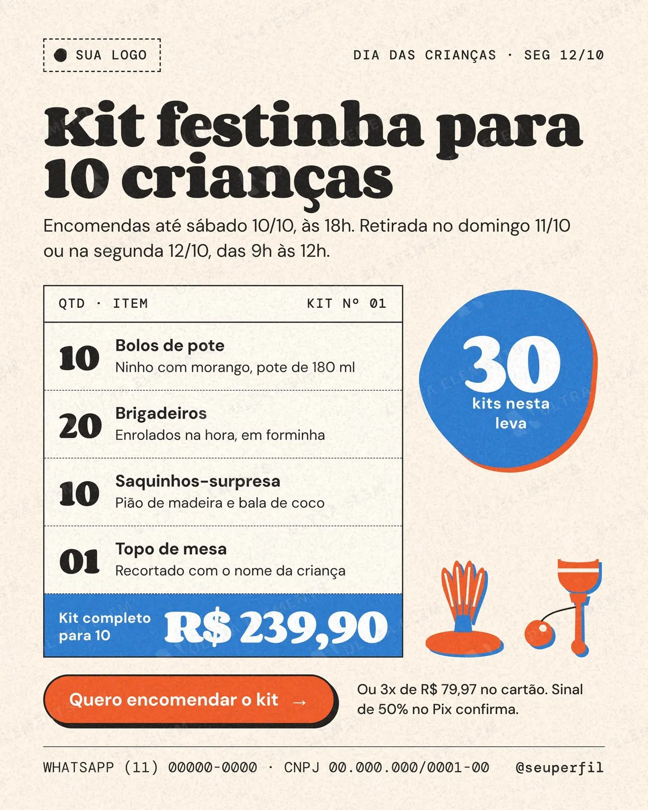 Post Dia das Crianças 12/10 kit festinha para doceria: lista de itens, preço e prazo de encomenda — imagem 1 de 2
