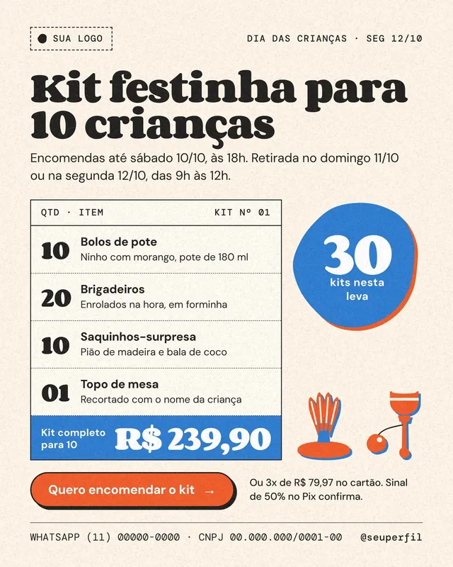 Post Dia das Crianças 12/10 kit festinha para doceria: lista de itens, preço e prazo de encomenda