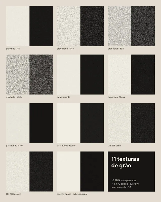 Texturas de grão e ruído em PNG transparente: fino, médio, forte, papel quente e papel com fibras