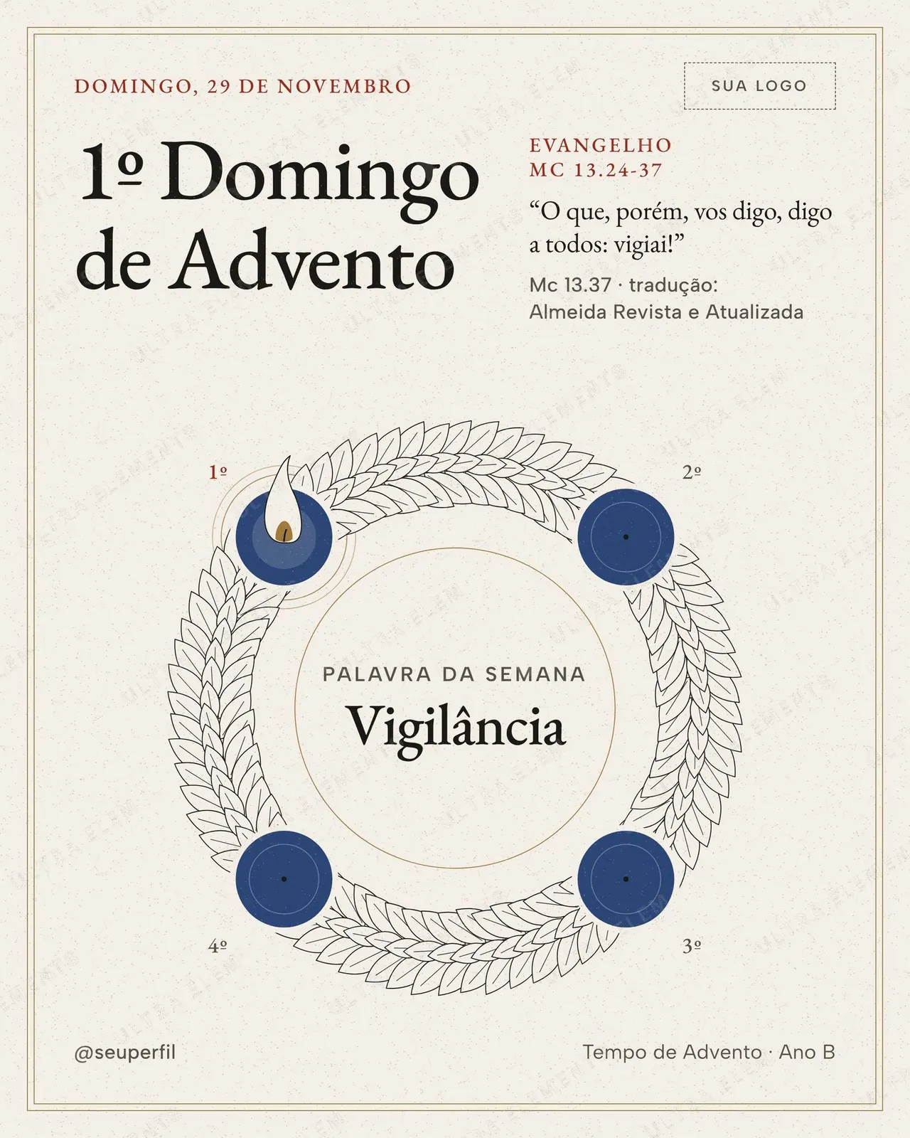 Post 1º Domingo de Advento (luterana): coroa de 4 velas azuis, Vigilância e Mc 13.37 — imagem 1 de 2