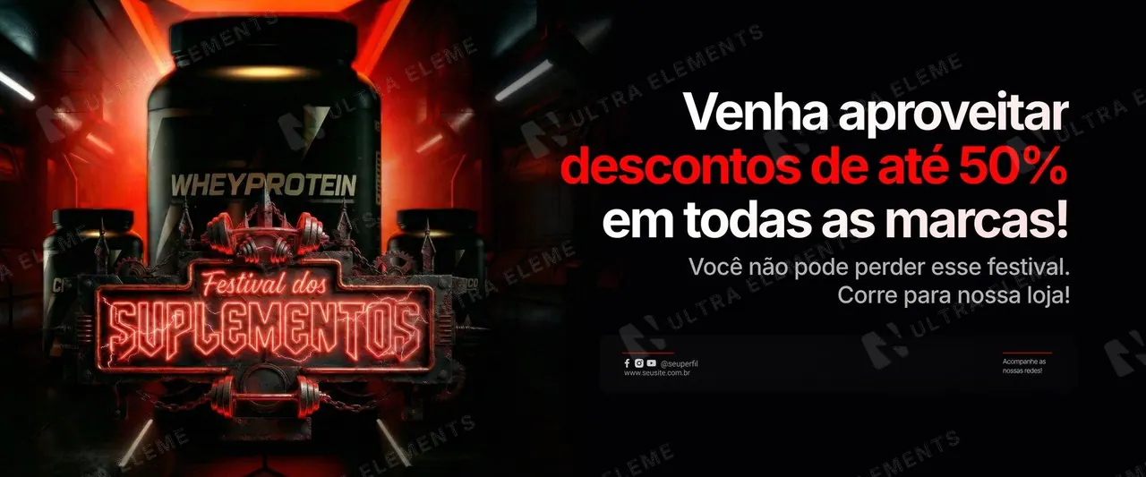 Banner Festival dos Suplementos: letreiro neon e descontos de até 50% (e-commerce)