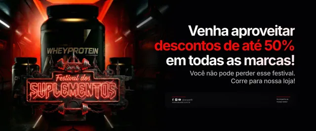Banner Festival dos Suplementos: letreiro neon e descontos de até 50% (e-commerce)