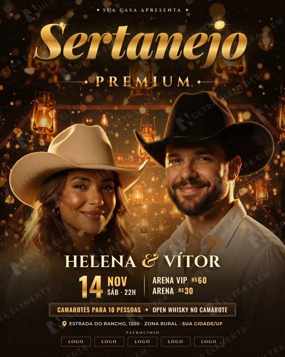 Sertanejo Premium: dupla romântica no salão de madeira com lampiões e título dourado serifado (feed + story) — imagem 1 de 4
