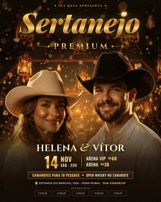 Sertanejo Premium: dupla romântica no salão de madeira com lampiões e título dourado serifado (feed + story)