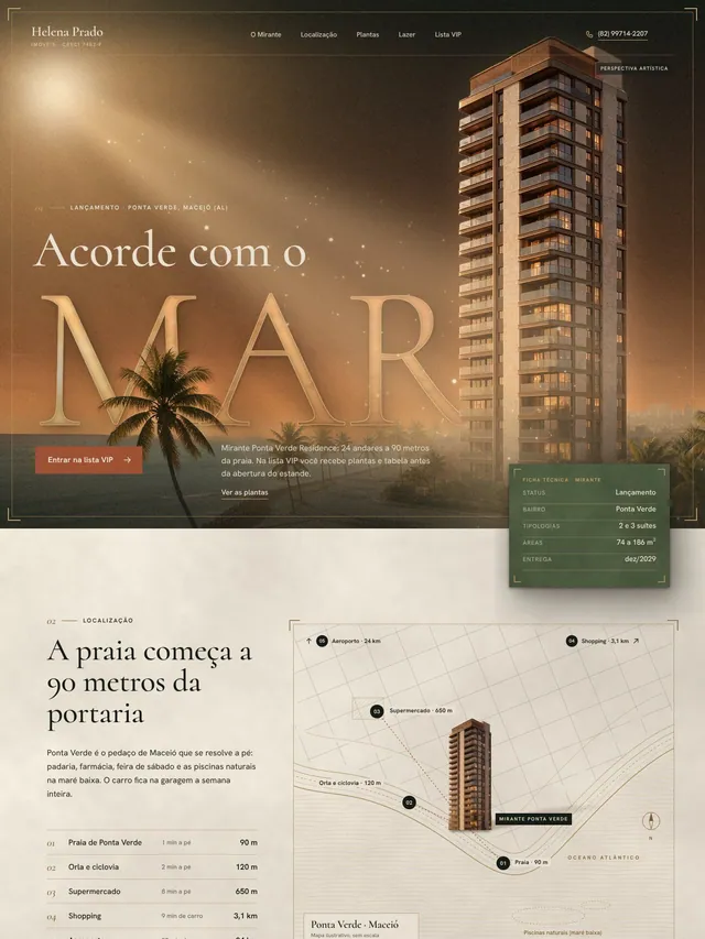 Landing page para corretora de imóveis com lançamento frente-mar, plantas e cadastro VIP (desktop e mobile)