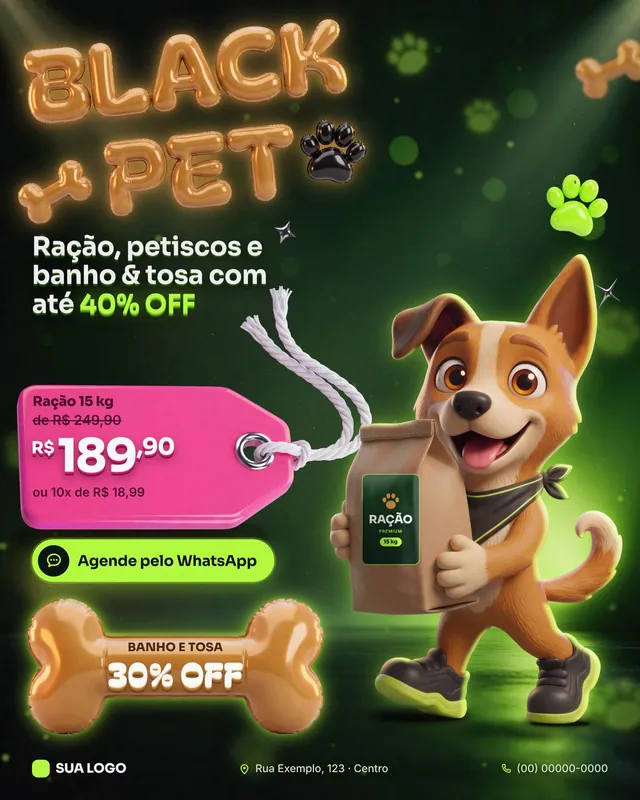 Post Black Pet com mascote 3D Caramelo, ração e banho e tosa em oferta (feed e story com enquete)