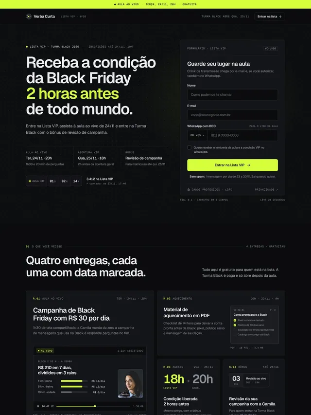 LP de captura Lista VIP da Black Friday com aula ao vivo e cronograma