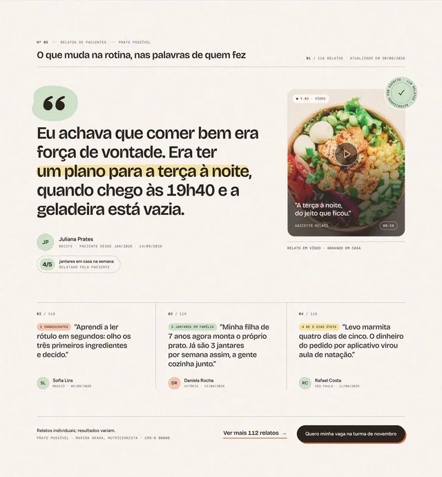 Seção de depoimento em destaque: citação gigante, vídeo e 3 relatos em linha