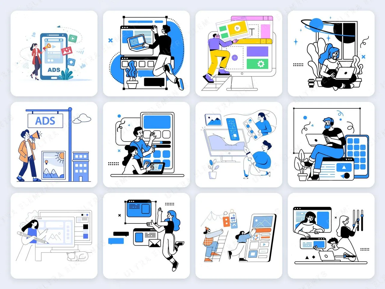Pack com 17 ilustrações vetoriais de pessoas, design e tecnologia (SVG + PNG) — imagem 1 de 12