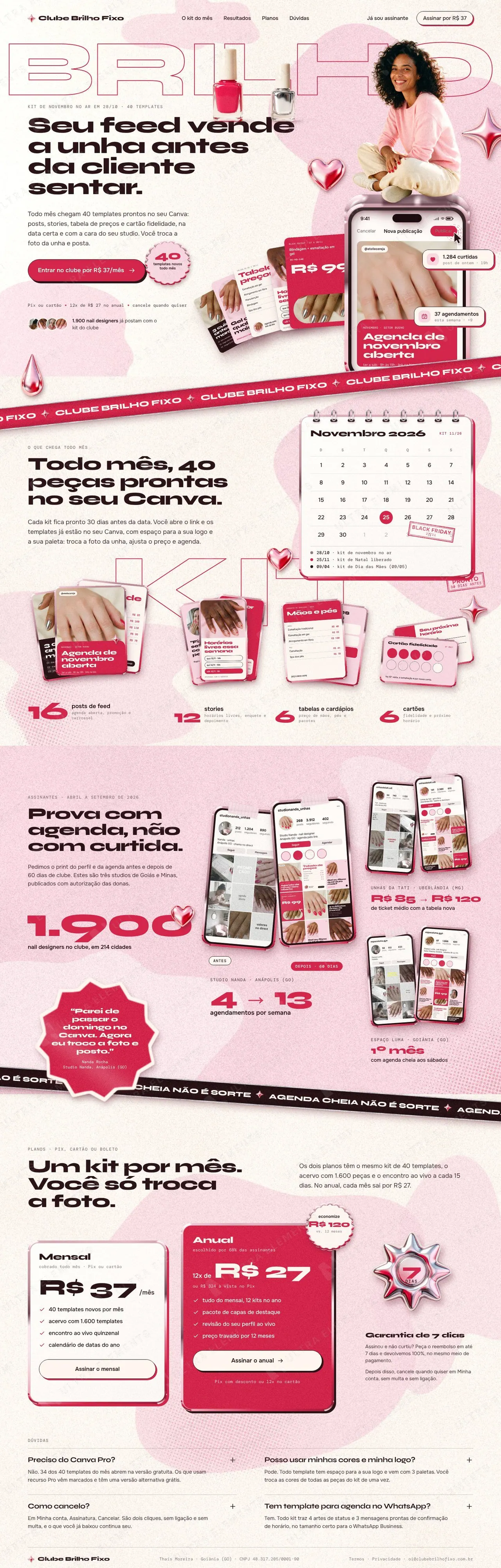 Página de vendas de clube de templates Canva para nail designers com kit mensal e planos (desktop e mobile) — imagem 1 de 8