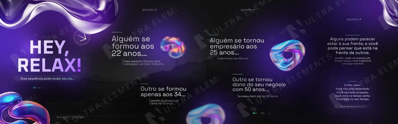 Carrossel motivacional “Hey, relax!”: cada um no seu tempo, roxo neon com 3D cromado (4 slides) — imagem 1 de 5