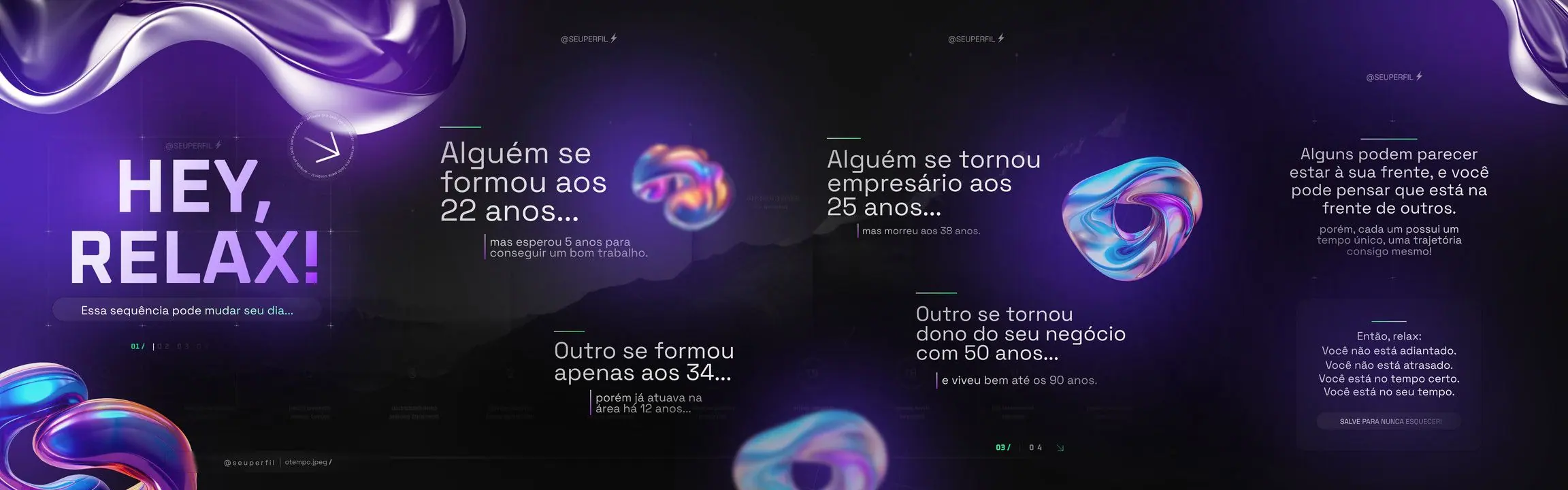 Carrossel motivacional “Hey, relax!”: cada um no seu tempo, roxo neon com 3D cromado (4 slides)