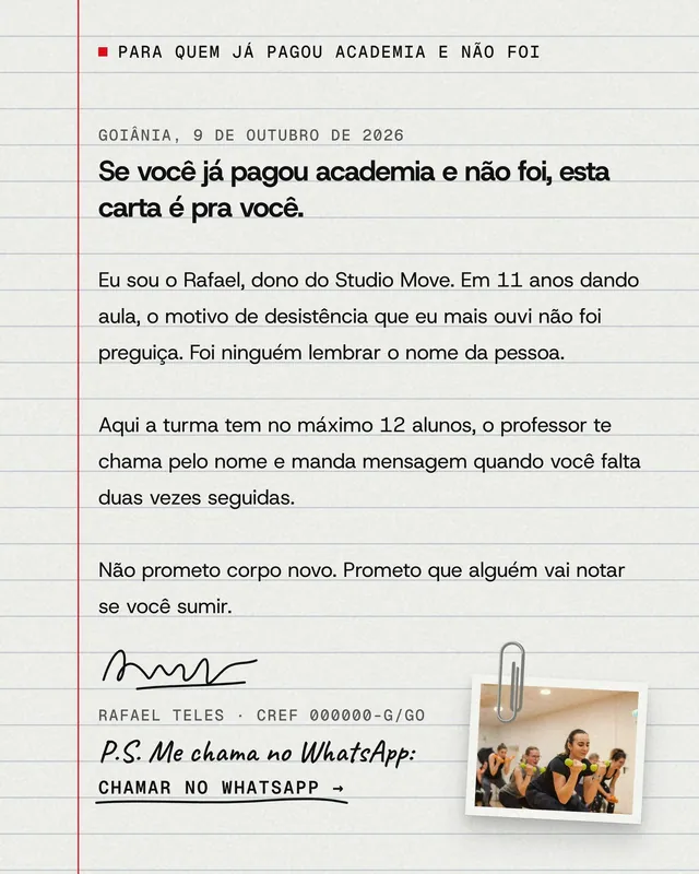 Anúncio nativo lo-fi para Meta Ads em carta do dono no papel pautado com foto presa no clipe (feed + story)