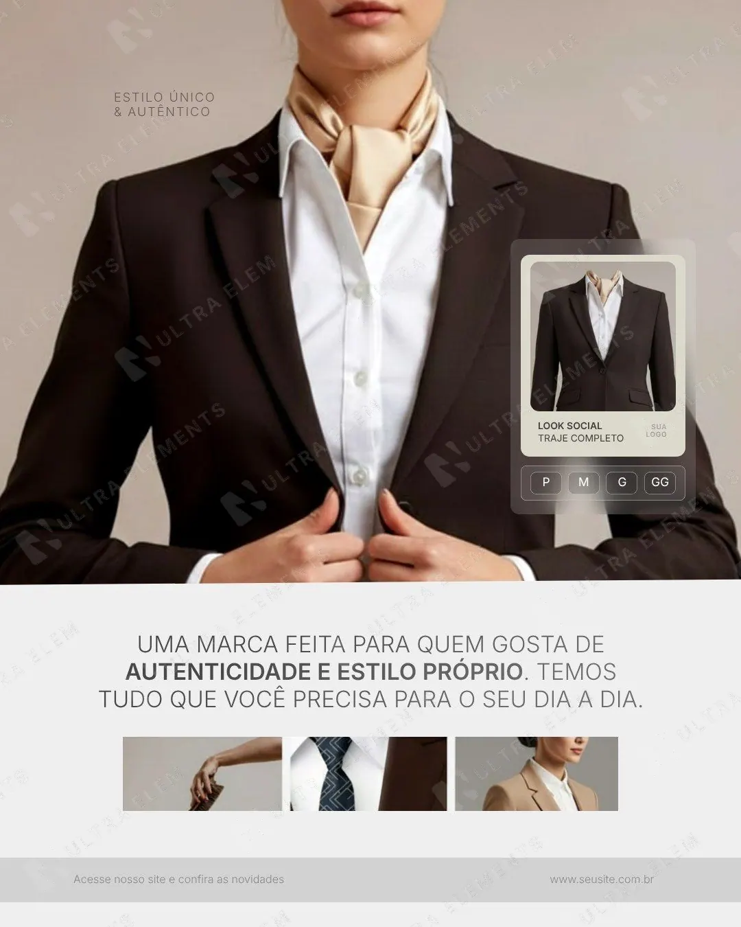 Post loja de moda: look social com blazer e card de produto com tamanhos (feed)
