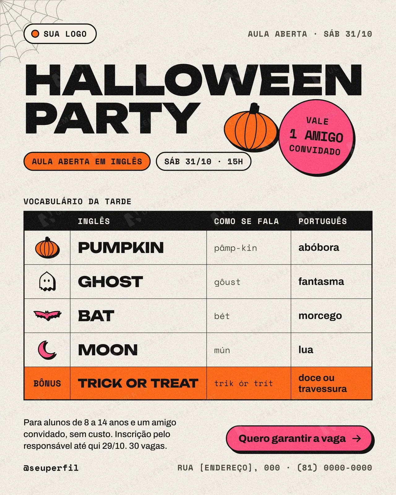 Post Halloween Party para escola de idiomas: aula aberta em inglês com vocabulário e pronúncia (feed) — imagem 1 de 2