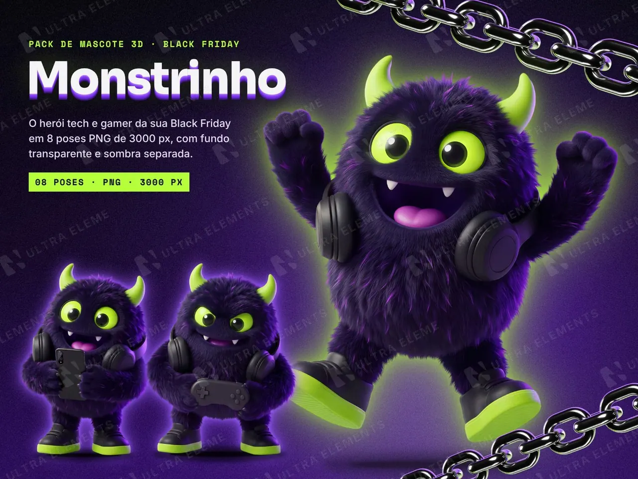Mascote 3D Monstrinho para Black Friday: 8 poses em PNG transparente (tech e games) — imagem 1 de 4