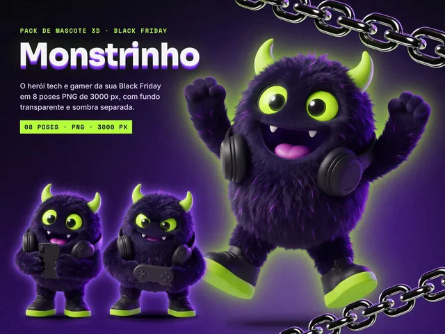 Mascote 3D Monstrinho para Black Friday: 8 poses em PNG transparente (tech e games)